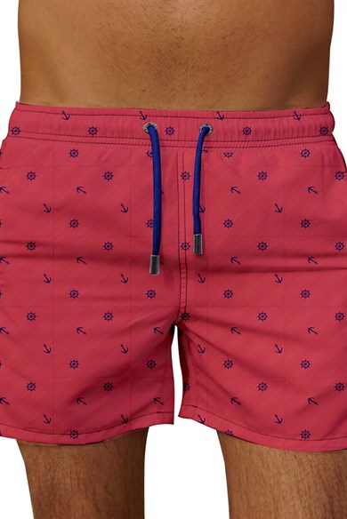 Marin Kırmızı Desenli Büyük Beden Standart Boy Erkek Mayo Deniz Şortu
