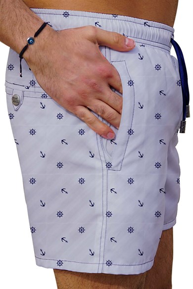 Marin Beyaz Desenli Büyük Beden Standart Boy Erkek Mayo Deniz Şortu