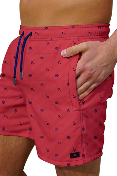 Marin Kırmızı Desenli Büyük Beden Standart Boy Erkek Mayo Deniz Şortu
