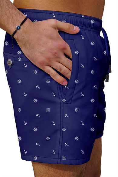 Marin Lacivert Desenli Büyük Beden Standart Boy Erkek Mayo Deniz Şortu