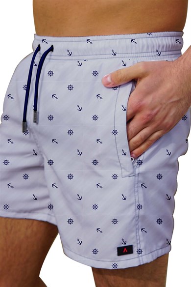 Marin Beyaz Desenli Büyük Beden Standart Boy Erkek Mayo Deniz Şortu