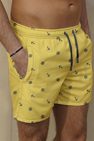 Marin Sarı Desenli Büyük Beden Standart Boy Erkek Mayo Deniz Şortu
