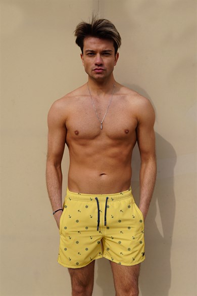Marin Çapa Desenli Sarı Standart Boy Erkek Mayo Deniz ve Havuz Şortu