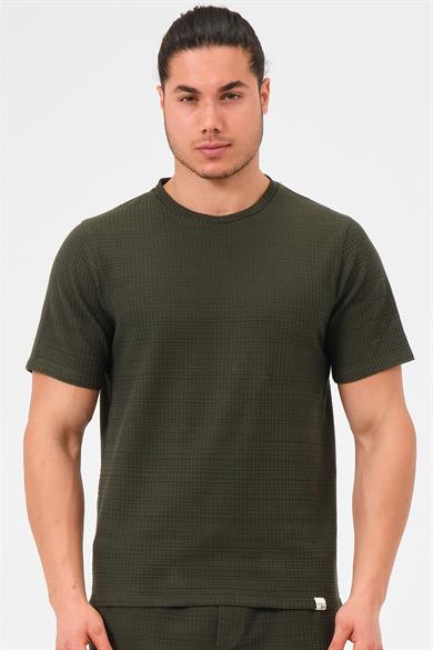 Erkek Haki %100 Pamuk Oversize Bisiklet Yaka Basic Tişört 