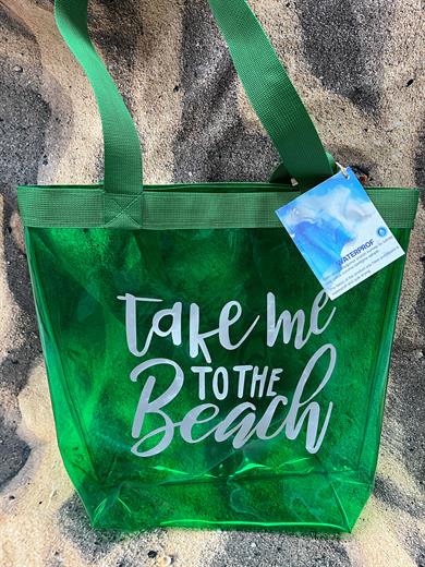 Kadın Take me To The Beach Baskılı Şeffaf Yeşil PVC Plaj, Tatil , Kozmetik Çanta 42x37CM