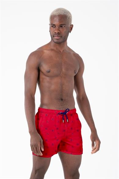 Marin Çapa Desenli Kırmızı Standart Boy Erkek Mayo Deniz ve Havuz Şortu