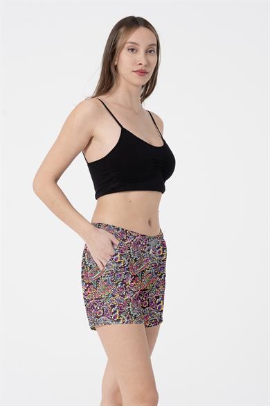 Paisley Desenli Renkli İki Cepli Kısa Kadın Deniz ve Havuz Şortu