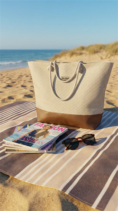 Keten Dokulu Taba Deri Parçalı Krem Rengi Astarlı Geniş Hacimli Kadın Plaj Çantası