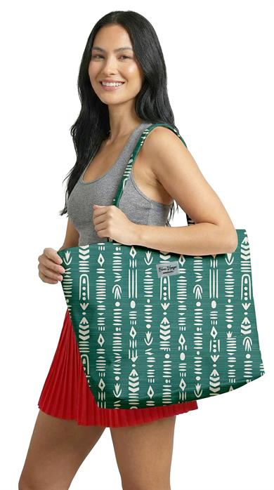 Etnik Desenli Yeşil Parçalı Kendinden Saplı Astarlı Kadın Plaj Çantası