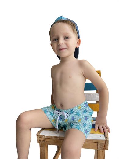 Kaplumbağa Desenli Renkli Standart Boy Erkek Çocuk Mayo Deniz Şortu