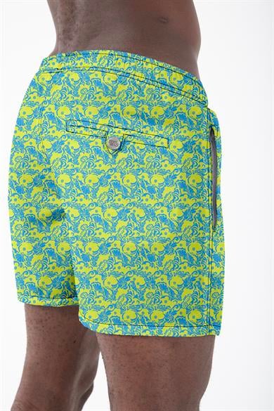 Sarı Karışık Desenli Su İtici Çabuk Kuruma Özellikli Standart Boy Erkek Mayo Deniz Şortu