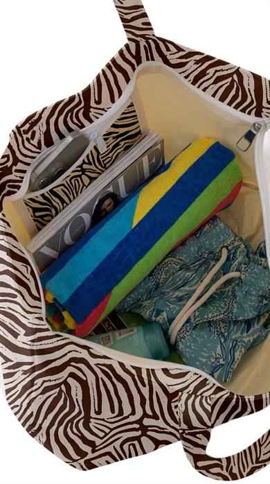 Zebra Desenli Kahverengi Krem Parçalı Kendinden Saplı Astarlı Kadın Plaj Çantası 