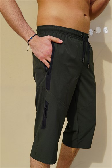 Haki Büyük Beden Esnek Kumaş Uzun Boy Erkek Kapri Şort