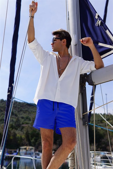 Saks Mavi Renk Standart Boy Erkek Mayo Deniz Şortu 