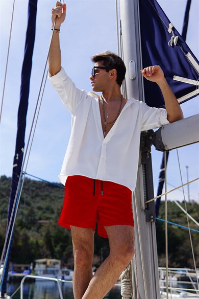 Kırmızı Renk Standart Boy Erkek Mayo Deniz Şortu 