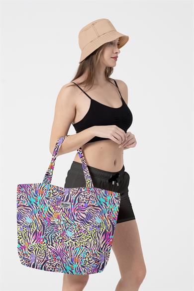 Renkli Zebra Desenli , Astarlı Kendinden Saplı, Geniş Hacimli Plaj Çantası