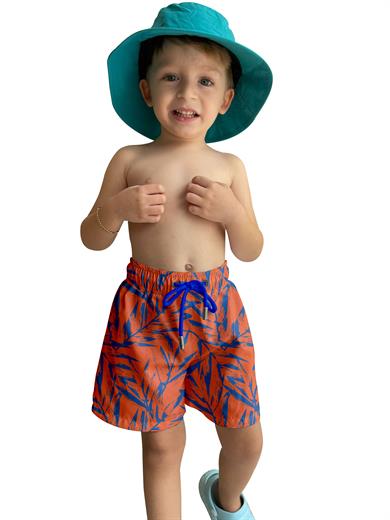 Yaprak Desenli Turuncu Standart Boy Erkek Çocuk Mayo Deniz Şortu 