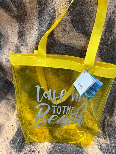 Kadın Take me To The Beach Baskılı Şeffaf Sarı PVC Plaj, Tatil , Kozmetik Çanta 42x37CM