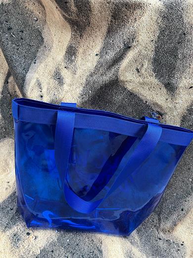 Kadın Take me To The Beach Baskılı Şeffaf Mavi PVC Plaj, Tatil , Kozmetik Çanta 42x37CM