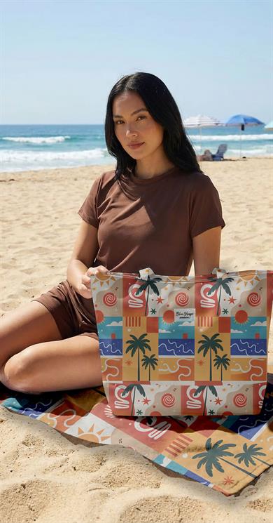 Patchwork Desenli Parçalı Kendinden Saplı Astarlı Kadın Plaj Çantası 