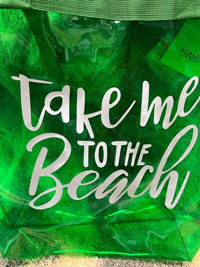 Kadın Take me To The Beach Baskılı Şeffaf Yeşil PVC Plaj, Tatil , Kozmetik Çanta 42x37CM