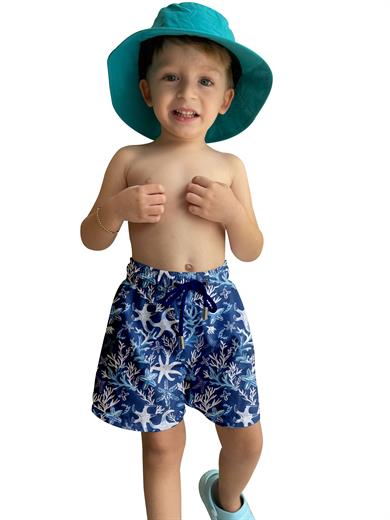 Lacivert Deniz Yıldızı Desenli Standart Boy Erkek Çocuk Mayo Deniz Şortu 