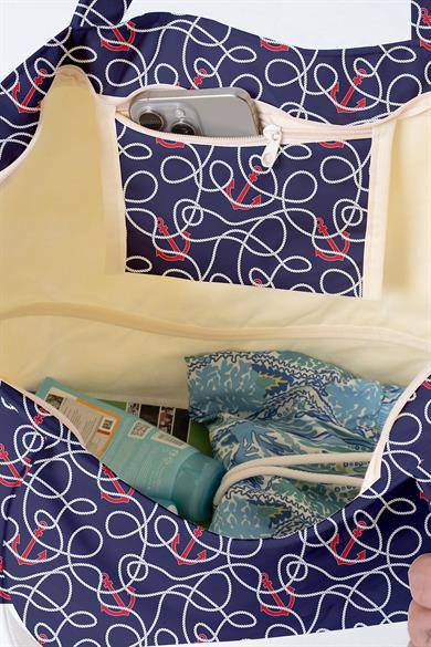 Lacivert Marin Desenli , Astarlı Kendinden Saplı, Geniş Hacimli Plaj Çantası