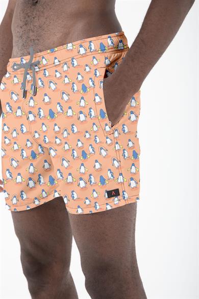 Somon Penguen Desenli Standart Boy Erkek Deniz ve Havuz Şortu 