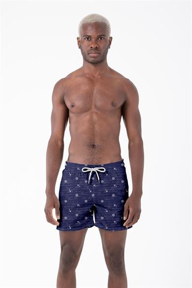 Marin Çapa Desenli Lacivert Standart Boy Erkek Mayo Deniz ve Havuz Şortu