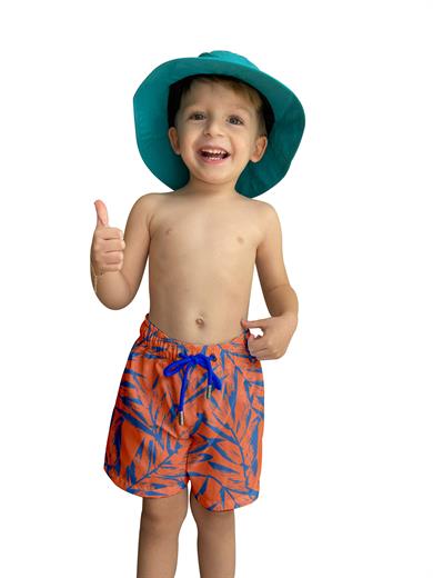 Yaprak Desenli Turuncu Standart Boy Erkek Çocuk Mayo Deniz Şortu 