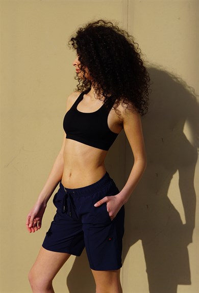 Lacivert Büyük Beden Uzun Boy Yan Cepli Kadın Mayo Deniz Şortu 