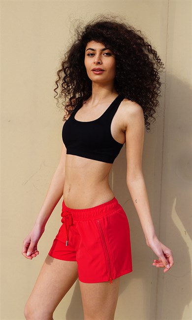 Kırmızı Yan Fermuarlı Mini Boy Kadın Mayo Deniz Şortu 