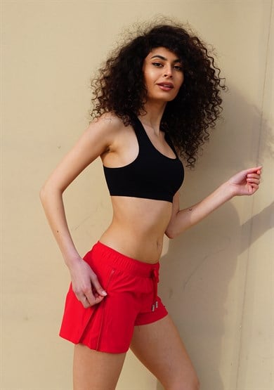 Kırmızı Yan Fermuarlı Mini Boy Kadın Mayo Deniz Şortu 
