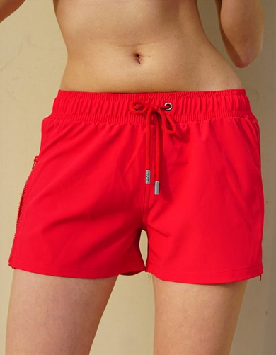 Kırmızı Yan Fermuarlı Mini Boy Kadın Mayo Deniz Şortu 