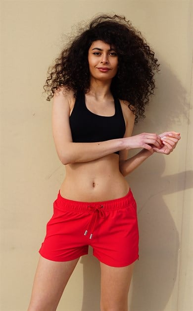 Kırmızı Yan Fermuarlı Mini Boy Kadın Mayo Deniz Şortu 
