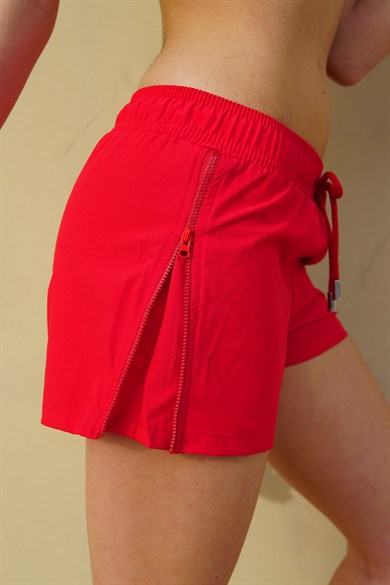Kırmızı Yan Fermuarlı Mini Boy Kadın Mayo Deniz Şortu 