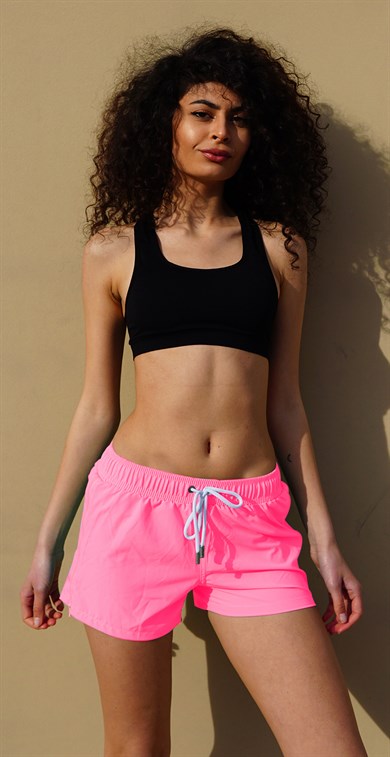 Pembe Yan Fermuarlı Mini Boy Kadın Mayo Deniz Şortu 