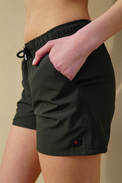 Haki Orta Boy Yan Cepli Kadın Mayo Deniz Şortu