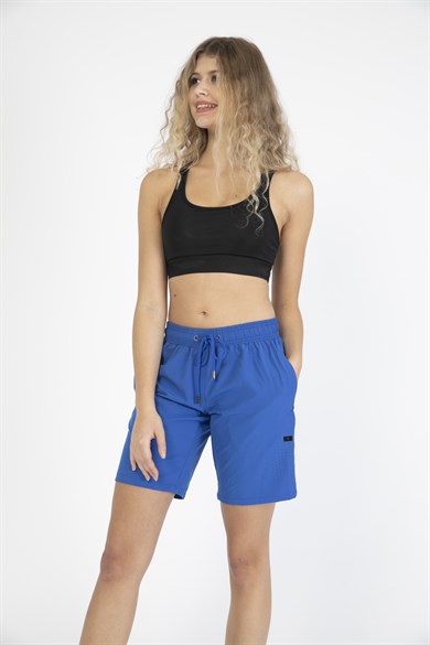 Saks Mavi Uzun Boy Yan Cepli Kadın Mayo Deniz Şortu 