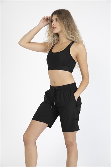 Siyah Uzun Boy Yan Cepli Kadın Mayo Deniz Şortu 