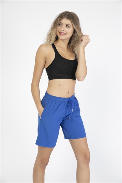 Saks Mavi Uzun Boy Yan Cepli Kadın Mayo Deniz Şortu 