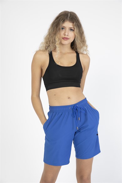 Saks Mavi Uzun Boy Yan Cepli Kadın Mayo Deniz Şortu 
