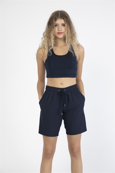 Lacivert Uzun Boy Yan Cepli Kadın Mayo Deniz Şortu 