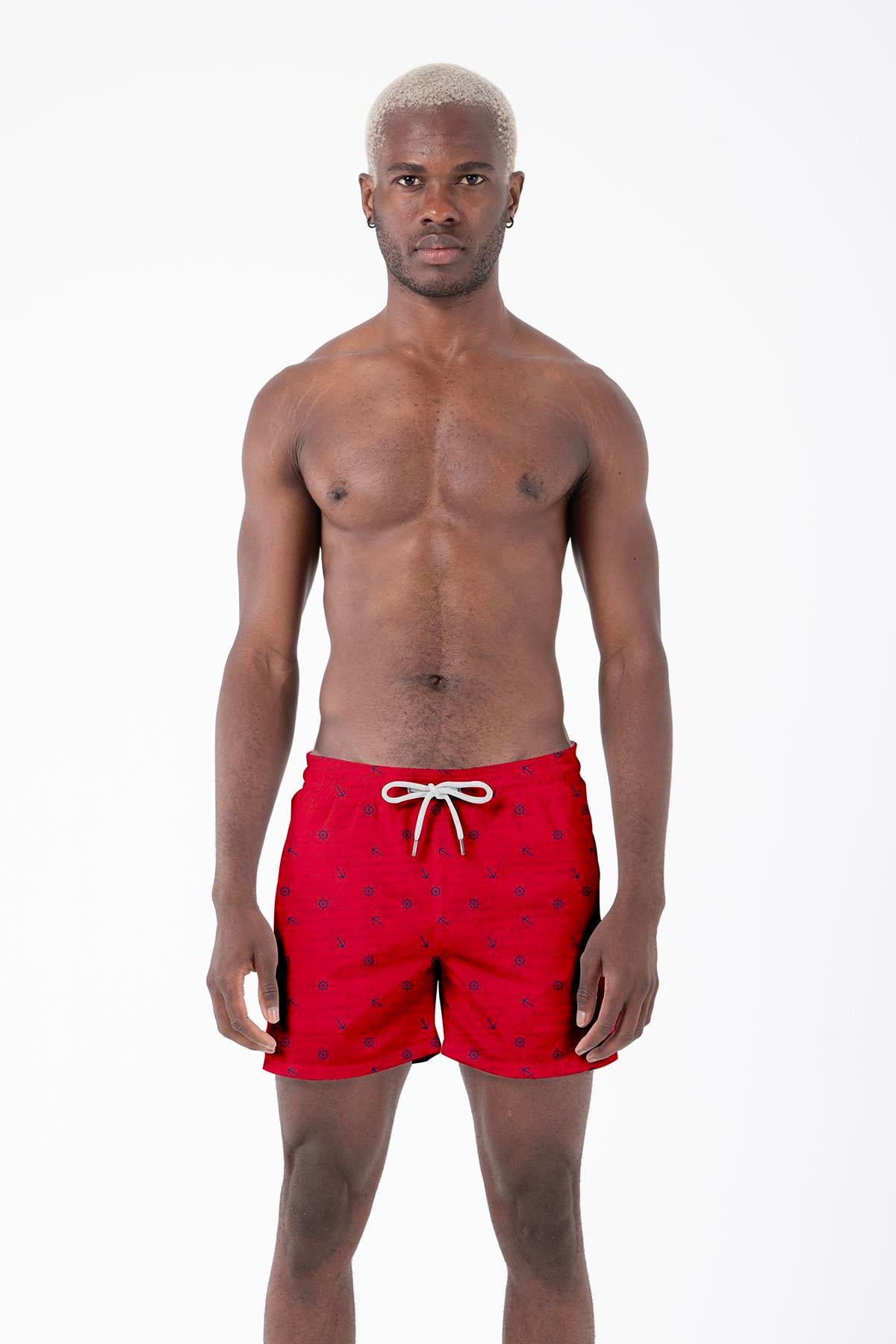 Marin Çapa Desenli Kırmızı Standart Boy Erkek Mayo Deniz ve Havuz Şortu
