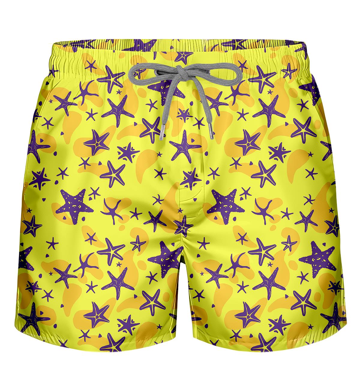 Sarı Deniz Yıldızı Desenli Su İtici Çabuk Kuruma Özellikli Standart Boy Erkek Mayo Deniz Şortu
