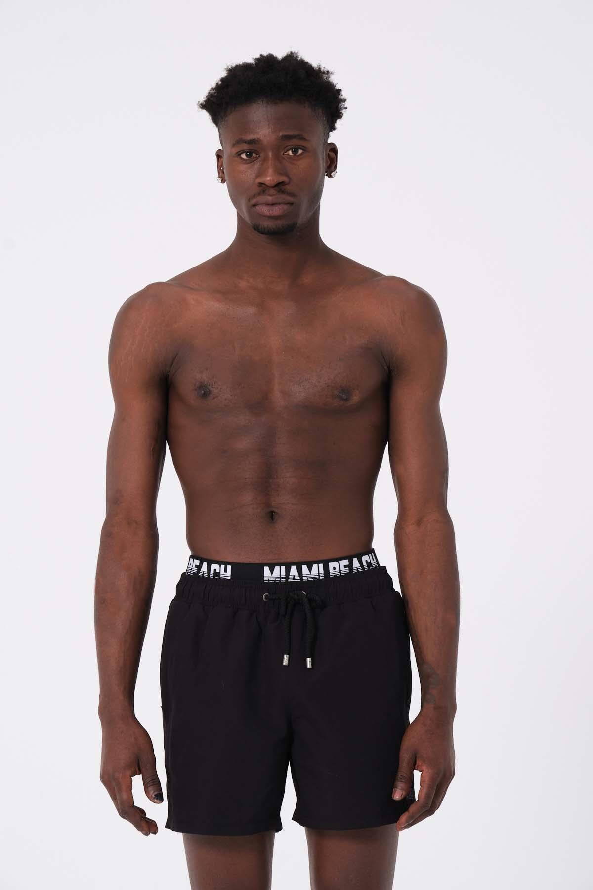 Siyah Boxer Lastikli Standart Boy Erkek Deniz ve Havuz Şortu 