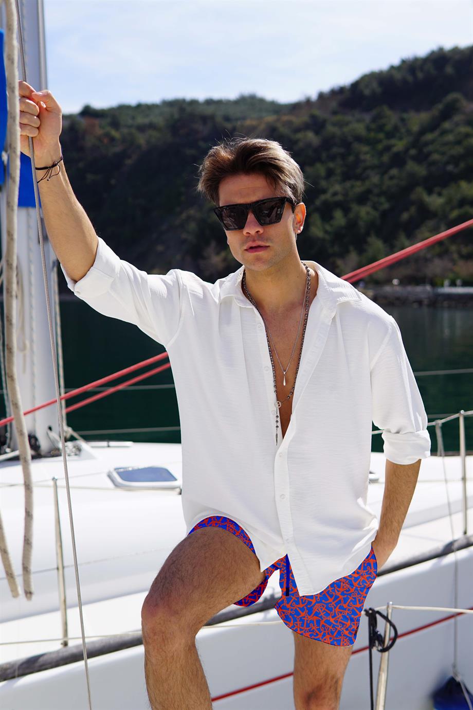 Marin Çapa Desenli Standart Boy Erkek Mayo Deniz Şortu 