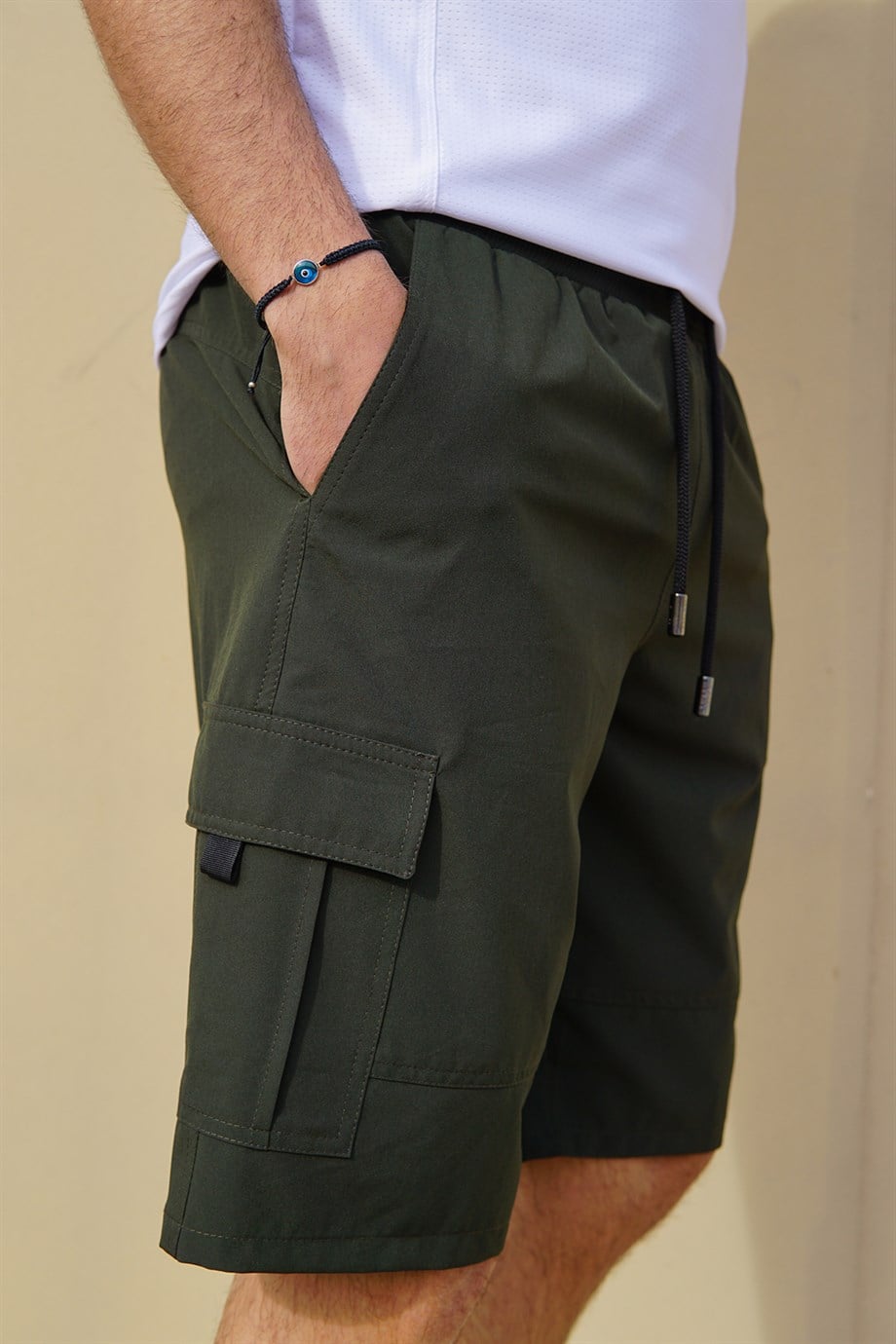 Haki Büyük Beden Esnek Kumaş Uzun Boy Erkek Kargo Şort