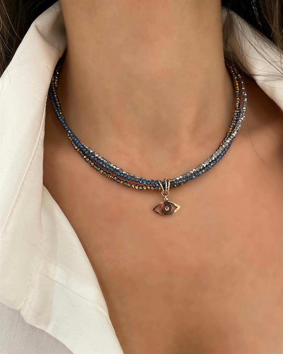 ÇOKLU KRİSTAL GÜMÜŞ GÖZ KOLYE