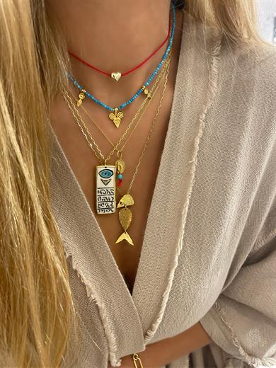 KIRMIZI İPTE MİNİ KALP KOLYE